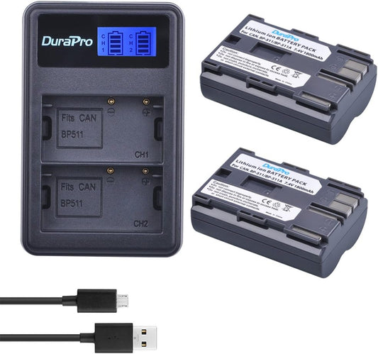Set de 2 acumulatori BP-511 BP-511A 1800 mAh cu incarcator dual pentru Canon EOS 5D 10D 20D 20D 30D 40D 50D 300D D30 D60, Rebel PowerShot Pro G5 G1962 Pro G1 G5 G190 Pro
