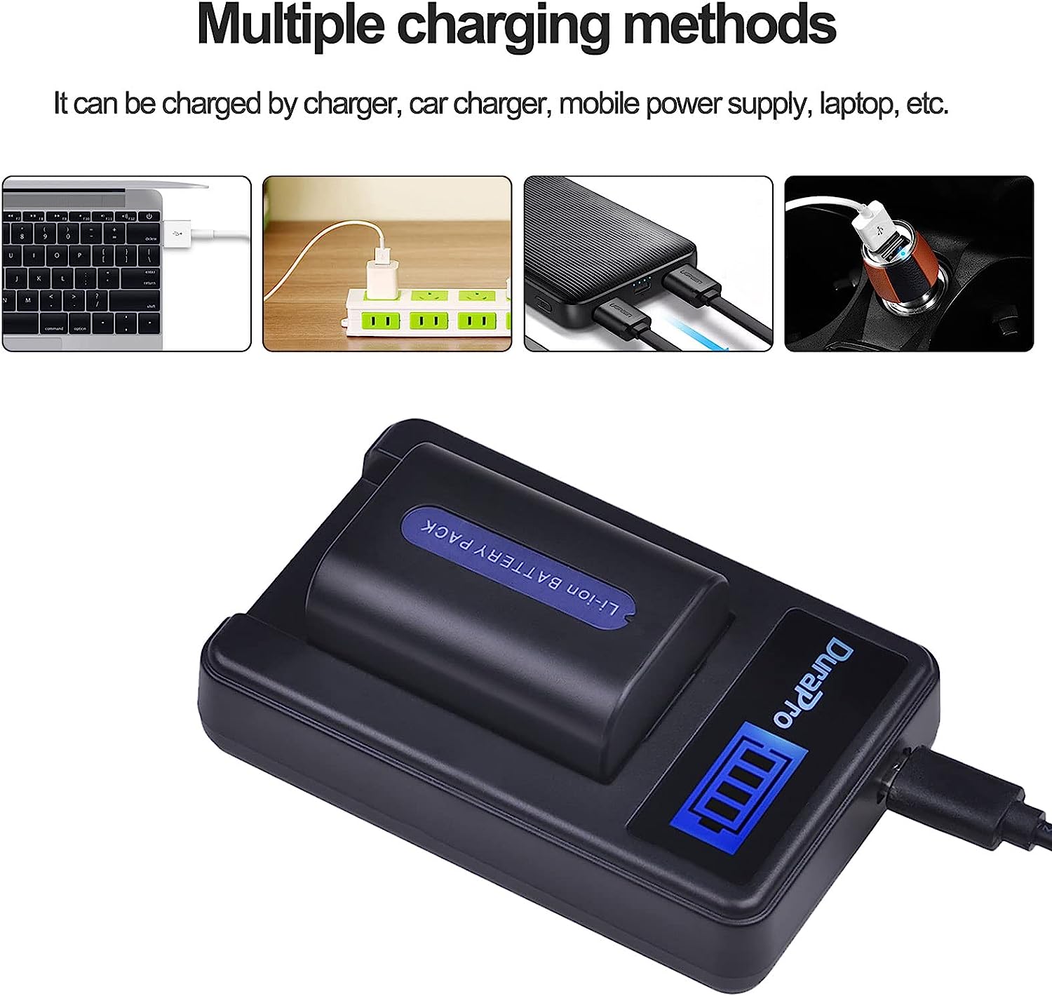 Set 2 acumulatori NP-FH5 de 1050 mAh cu incarcator cu ecran LCD pentru Sony NP-FH30, NP-FH40, NP-FH50, NP-FH60, NP-FH70 H Series; Sony DCR-SR32, DCR-SR33, DCR-SR35, DCR -SR36, DCR. - SR37, DCR-SR38 Handycam
