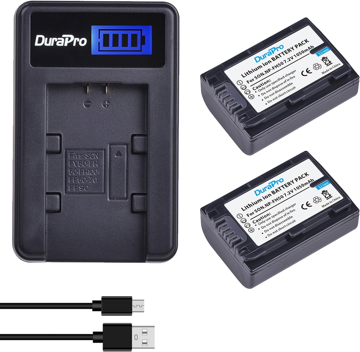 Set 2 acumulatori NP-FH5 de 1050 mAh cu incarcator cu ecran LCD pentru Sony NP-FH30, NP-FH40, NP-FH50, NP-FH60, NP-FH70 H Series; Sony DCR-SR32, DCR-SR33, DCR-SR35, DCR -SR36, DCR. - SR37, DCR-SR38 Handycam