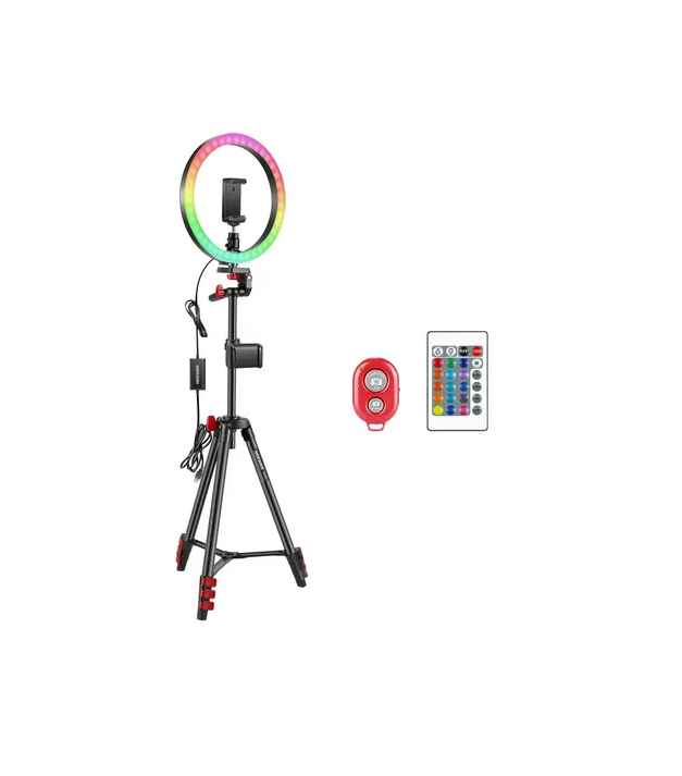 Set lampa circulara ring light LED RGB de 10 inch cu trepied, mini montura cap bila, 2 suporturi pentru smartphone, telecomanda lampa si telecomanda selfie, pentru machiaj, streaming video