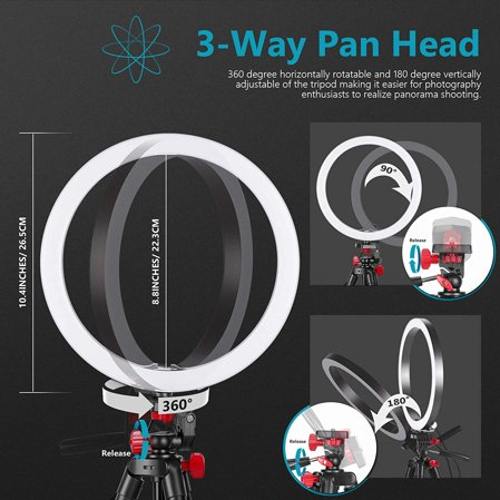 Set lampa circulara ring light LED RGB de 10 inch cu trepied, mini montura cap bila, 2 suporturi pentru smartphone, telecomanda lampa si telecomanda selfie, pentru machiaj, streaming video