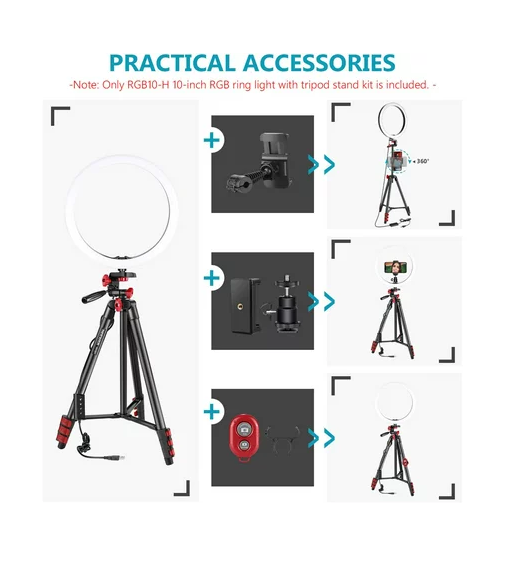Set lampa circulara ring light LED RGB de 10 inch cu trepied, mini montura cap bila, 2 suporturi pentru smartphone, telecomanda lampa si telecomanda selfie, pentru machiaj, streaming video