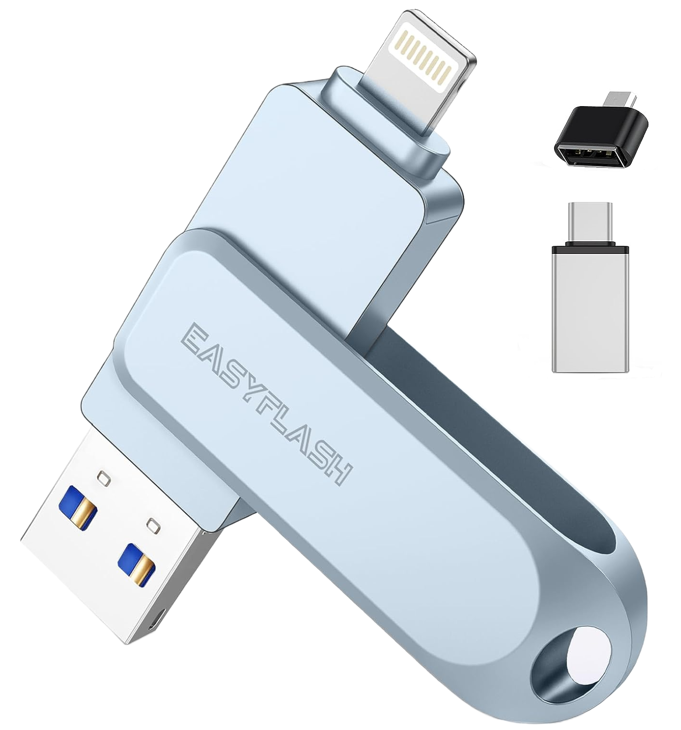 Memorie USB de 256GB, stick cu USB Lightning, USB 3.0 si adaptoare USB C si Micro USB, functie OTG, compatibil iPhone, Samsung, smartphone, tableta, PC