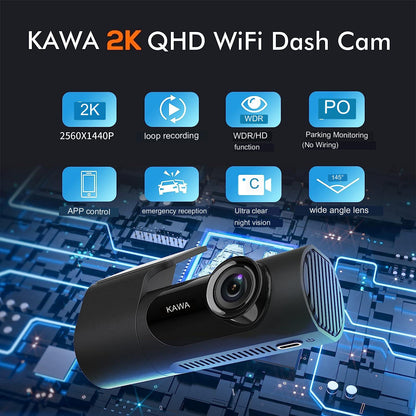 Camera auto WiFi 2K 1440P Full QHD, rotativa 360°, unghi larg 145°, G-Sensor, WDR cu nightvision, control prin aplicatie, inregistrare in bucla, Kawa D6