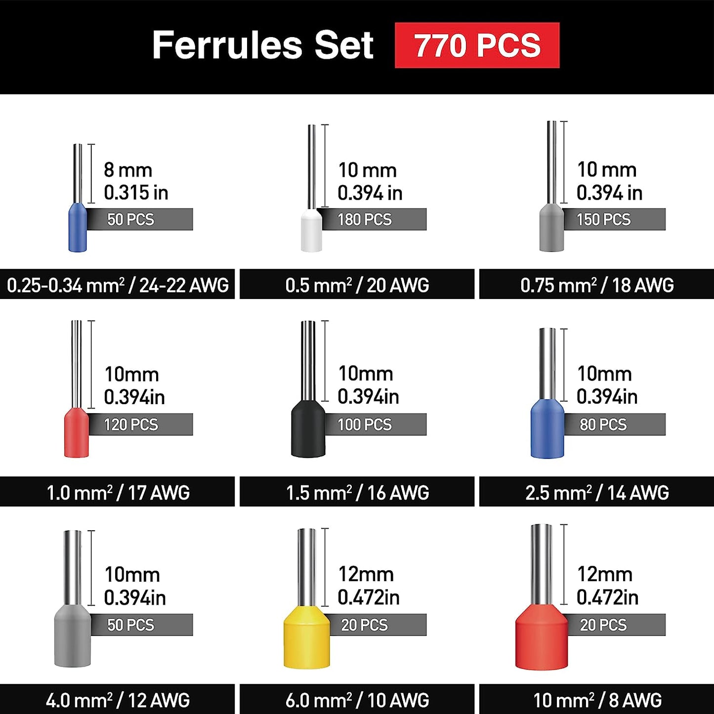 Set cleste de sertizare pini conectori cu 770 terminale conductori 0,25-10 mm², 9 dimensiuni, hexagonal, in cutie de depozitare si transport, Someline