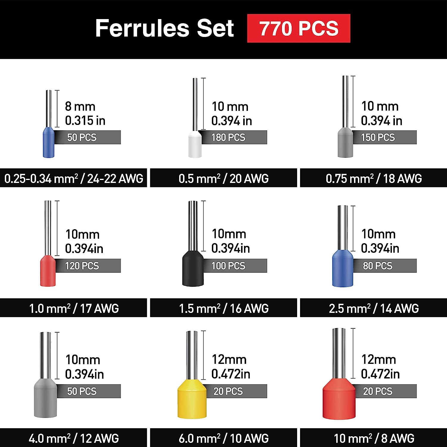 Set cleste de sertizare pini conectori cu 770 terminale conductori 0,25-10 mm², 9 dimensiuni, hexagonal, in cutie de depozitare si transport, Someline
