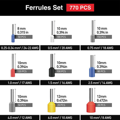 Set cleste de sertizare pini conectori cu 770 terminale conductori 0,25-10 mm², 9 dimensiuni, hexagonal, in cutie de depozitare si transport, Someline
