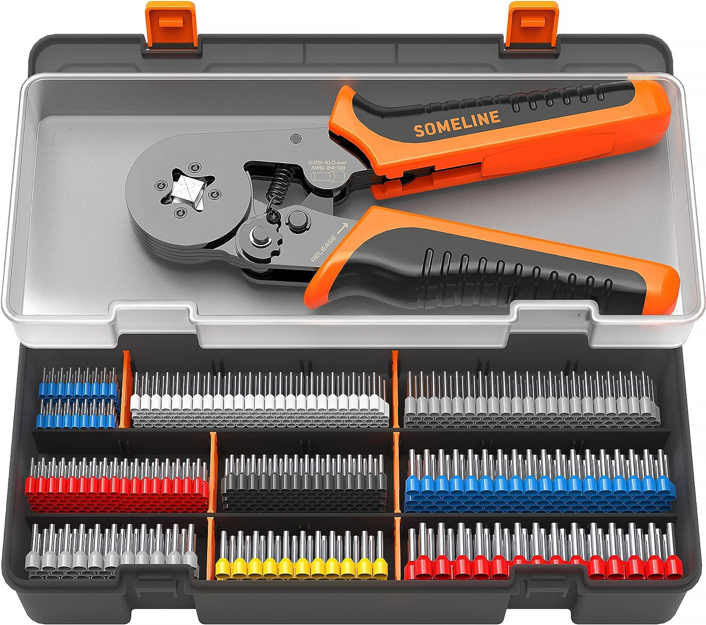 Set cleste de sertizare pini conectori cu 770 terminale conductori 0,25-10 mm², 9 dimensiuni, hexagonal, in cutie de depozitare si transport, Someline