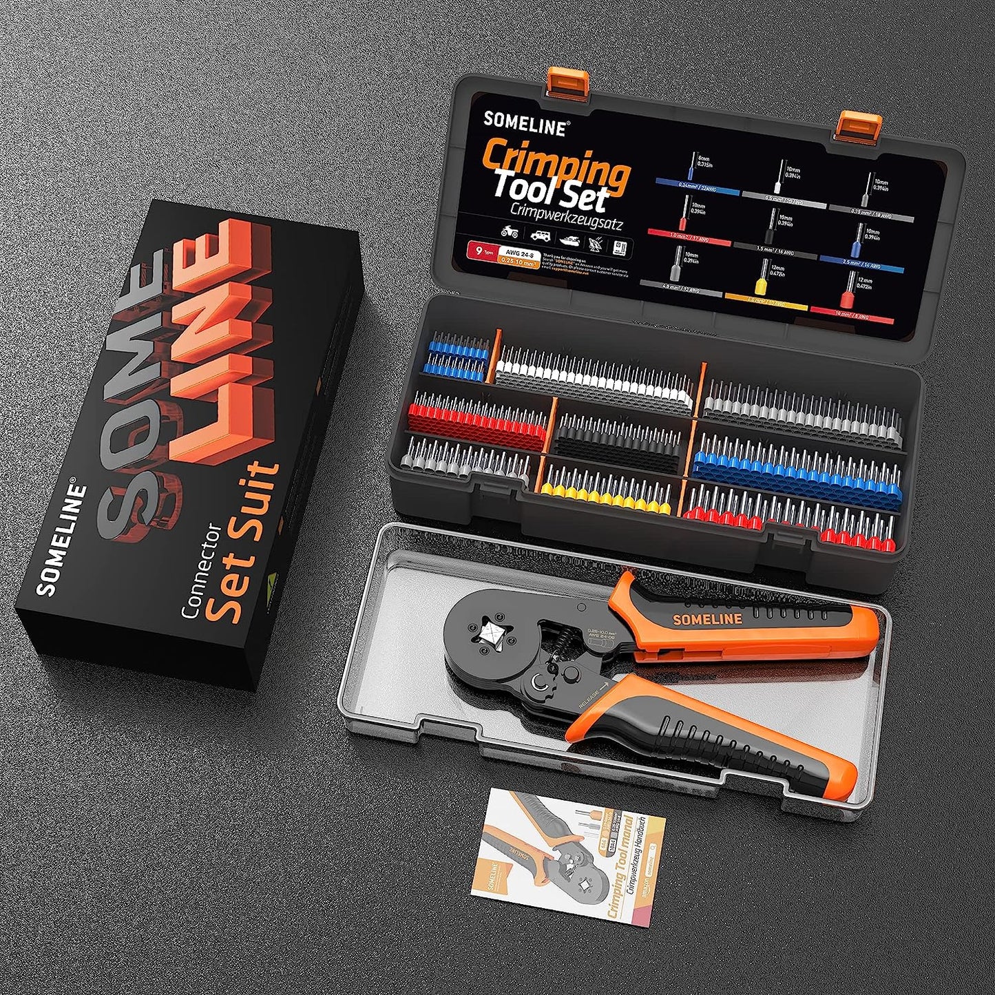 Set cleste de sertizare pini conectori cu 770 terminale conductori 0,25-10 mm², 9 dimensiuni, hexagonal, in cutie de depozitare si transport, Someline