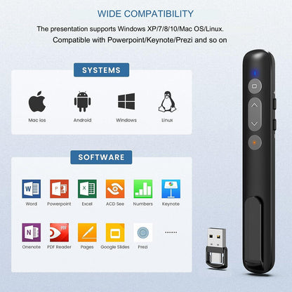 Laser de prezentare wireless cu receiver 2 in 1 USB C si USB A, 2.4 GHz, distana laser pana la 200 m, cu butoane de control volum, pagini, hyperlink