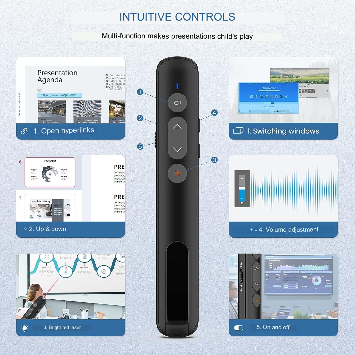 Laser de prezentare wireless cu receiver 2 in 1 USB C si USB A, 2.4 GHz, distana laser pana la 200 m, cu butoane de control volum, pagini, hyperlink