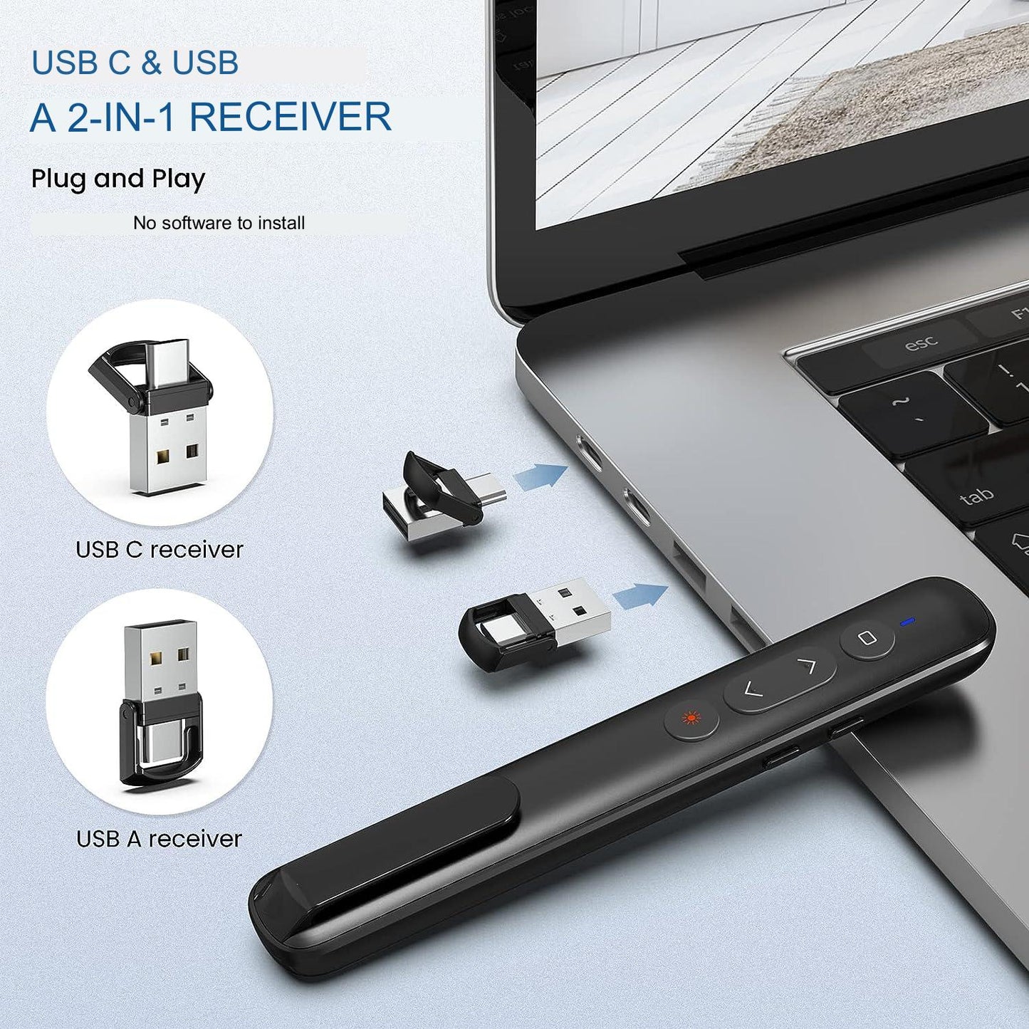 Laser de prezentare wireless cu receiver 2 in 1 USB C si USB A, 2.4 GHz, distana laser pana la 200 m, cu butoane de control volum, pagini, hyperlink