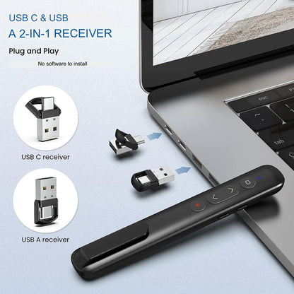 Laser de prezentare wireless cu receiver 2 in 1 USB C si USB A, 2.4 GHz, distana laser pana la 200 m, cu butoane de control volum, pagini, hyperlink