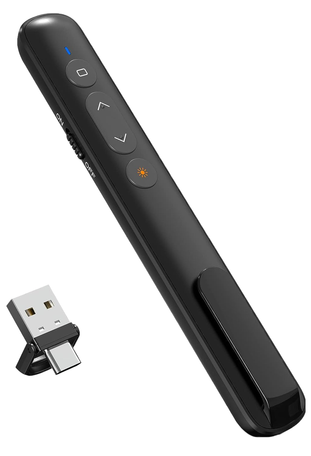 Laser de prezentare wireless cu receiver 2 in 1 USB C si USB A, 2.4 GHz, distana laser pana la 200 m, cu butoane de control volum, pagini, hyperlink