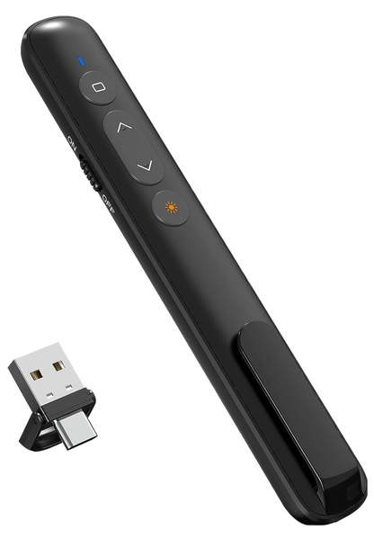 Laser de prezentare wireless cu receiver 2 in 1 USB C si USB A, 2.4 GHz, distana laser pana la 200 m, cu butoane de control volum, pagini, hyperlink