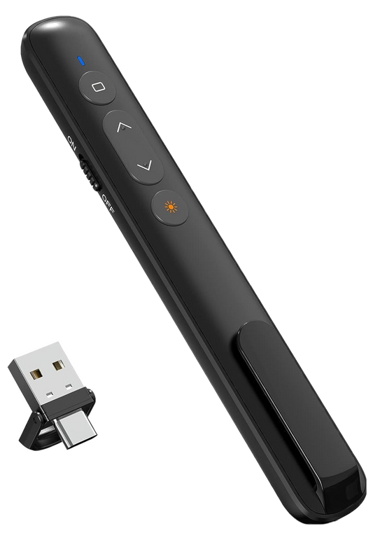 Laser de prezentare wireless cu receiver 2 in 1 USB C si USB A, 2.4 GHz, distana laser pana la 200 m, cu butoane de control volum, pagini, hyperlink
