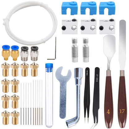 Kit de accesorii pentru imprimanta 3D, cu 10 duze, 3 bloc de incalzire, 2 tije filetate, 3 protectii de silicon, 4 conectori PC4, 10 ace de curatare, tub teflon si unelte