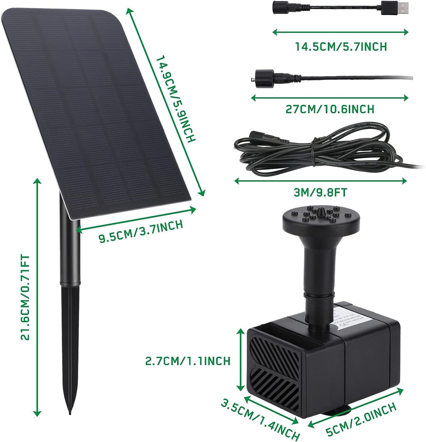 Set fantana arteziana solara, cu panou solar 2.5W, 170 l/h, reincarcabila prin USB, cu 7 duze diferite, pentru baie de pasari, iaz, gradina