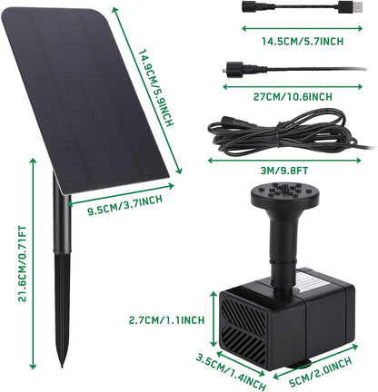 Set fantana arteziana solara, cu panou solar 2.5W, 170 l/h, reincarcabila prin USB, cu 7 duze diferite, pentru baie de pasari, iaz, gradina