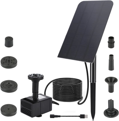 Set fantana arteziana solara, cu panou solar 2.5W, 170 l/h, reincarcabila prin USB, cu 7 duze diferite, pentru baie de pasari, iaz, gradina