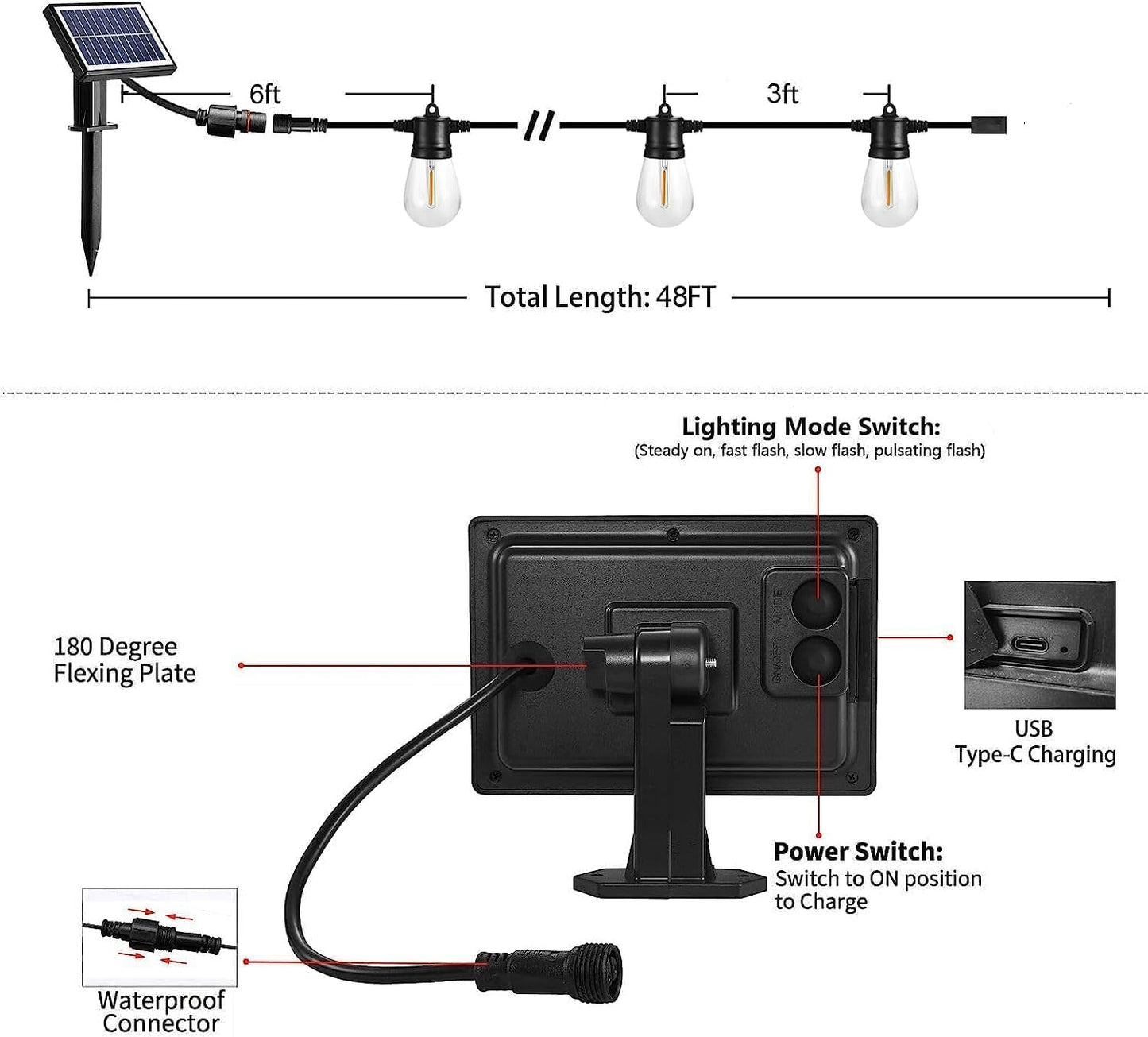 Ghirlanda luminoasa LED cu panou solar, de 15 m, impermeabila IP65, cu 15 becuri S14, 4 moduri iluminare, 2700 K, pentru gradina, terasa, foisor
