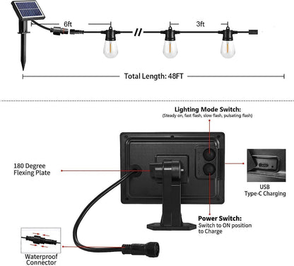 Ghirlanda luminoasa LED cu panou solar, de 15 m, impermeabila IP65, cu 15 becuri S14, 4 moduri iluminare, 2700 K, pentru gradina, terasa, foisor