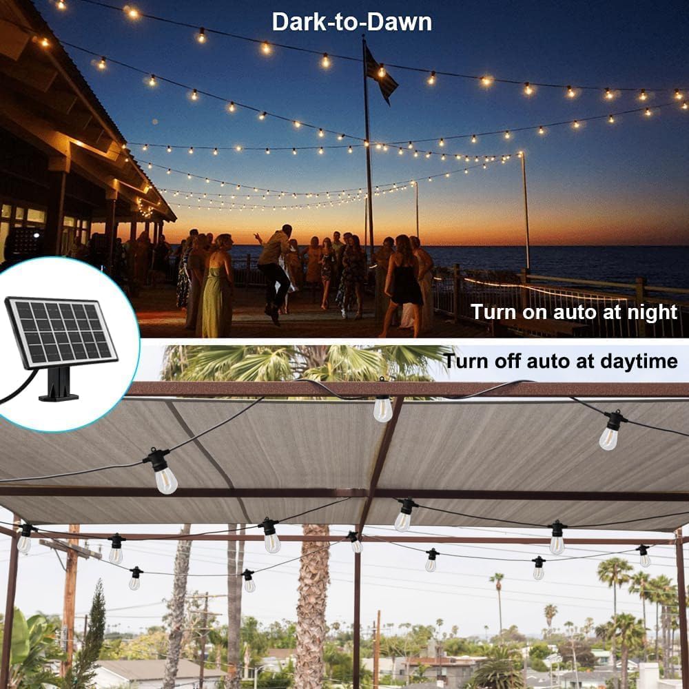 Ghirlanda luminoasa LED cu panou solar, de 15 m, impermeabila IP65, cu 15 becuri S14, 4 moduri iluminare, 2700 K, pentru gradina, terasa, foisor