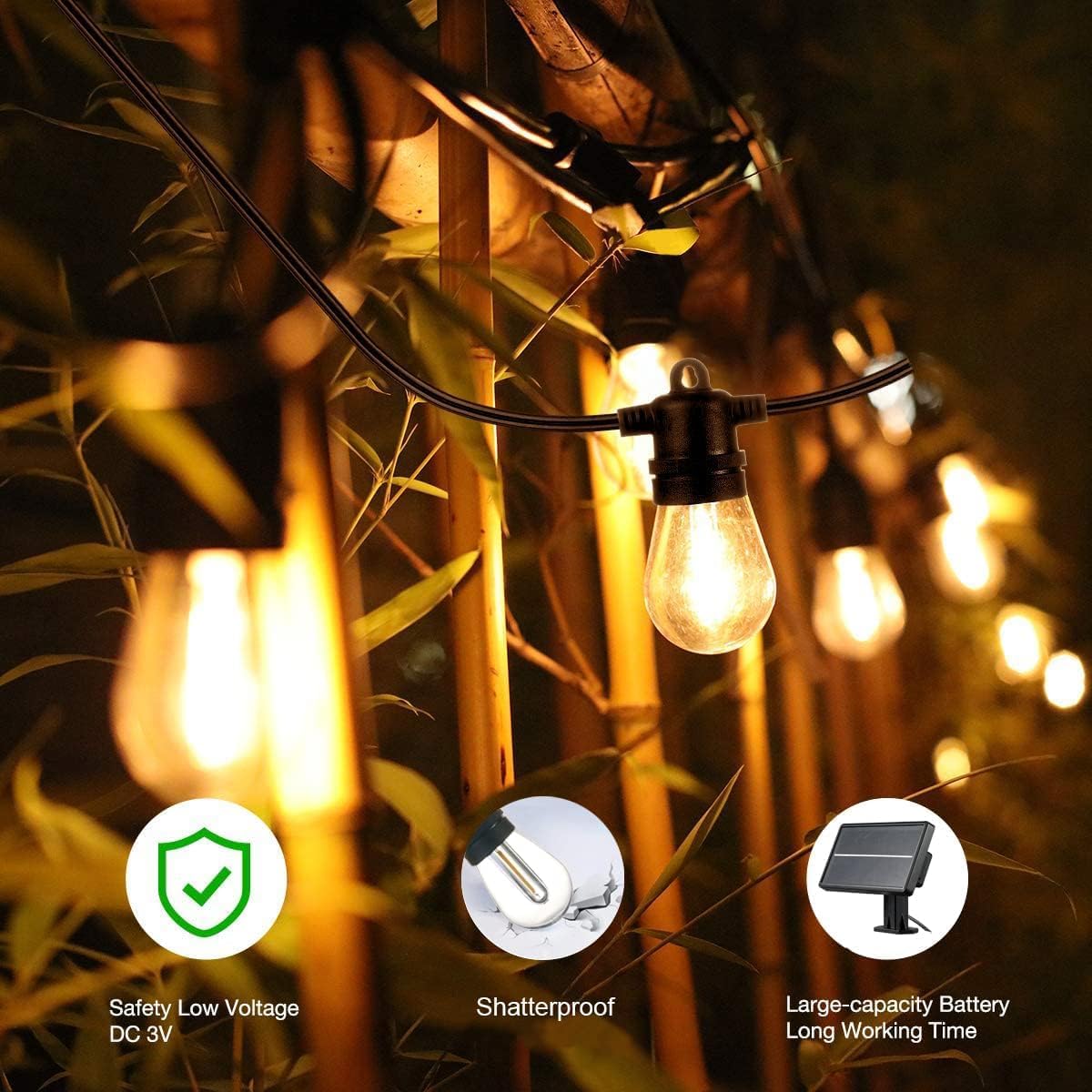 Ghirlanda luminoasa LED cu panou solar, de 15 m, impermeabila IP65, cu 15 becuri S14, 4 moduri iluminare, 2700 K, pentru gradina, terasa, foisor