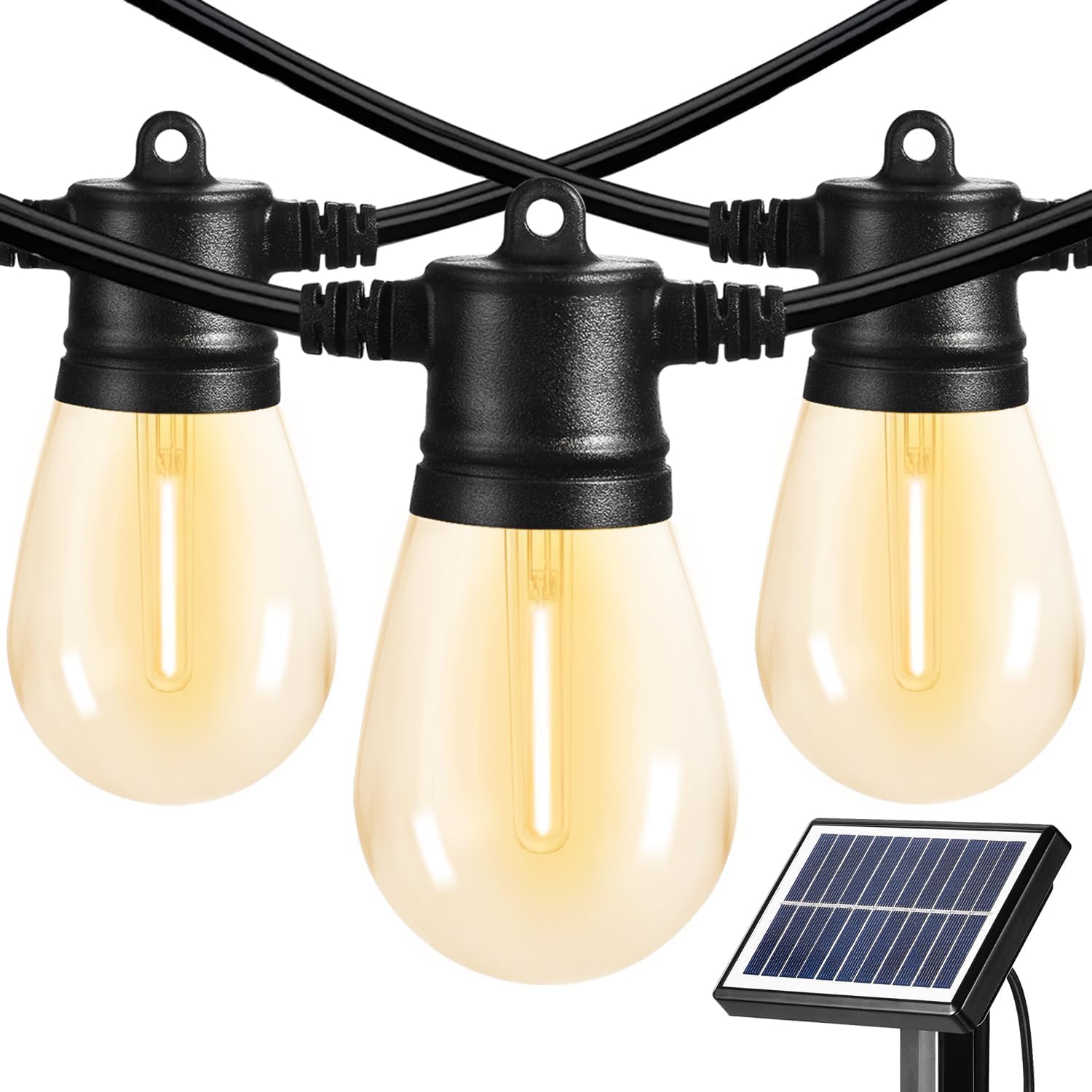 Ghirlanda luminoasa LED cu panou solar, de 15 m, impermeabila IP65, cu 15 becuri S14, 4 moduri iluminare, 2700 K, pentru gradina, terasa, foisor