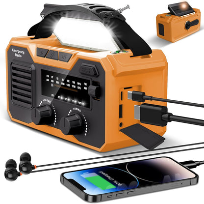 Radio portabil de urgenta cu manivela, 30.000 mAh, cu Bluetooth, panou solar, functie powerbank, lanterna si lumina de noapte, busola, alarma SOS, portocaliu