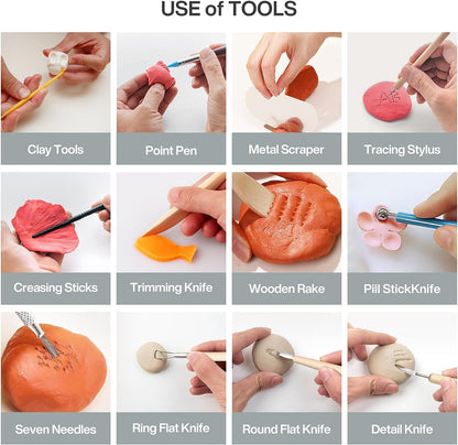 Set 55 unelte de modelaj, cutite sculptura in argila, instrumente artizanat pentru lut, plastilina, ceramica, pentru hobby si profesionisti