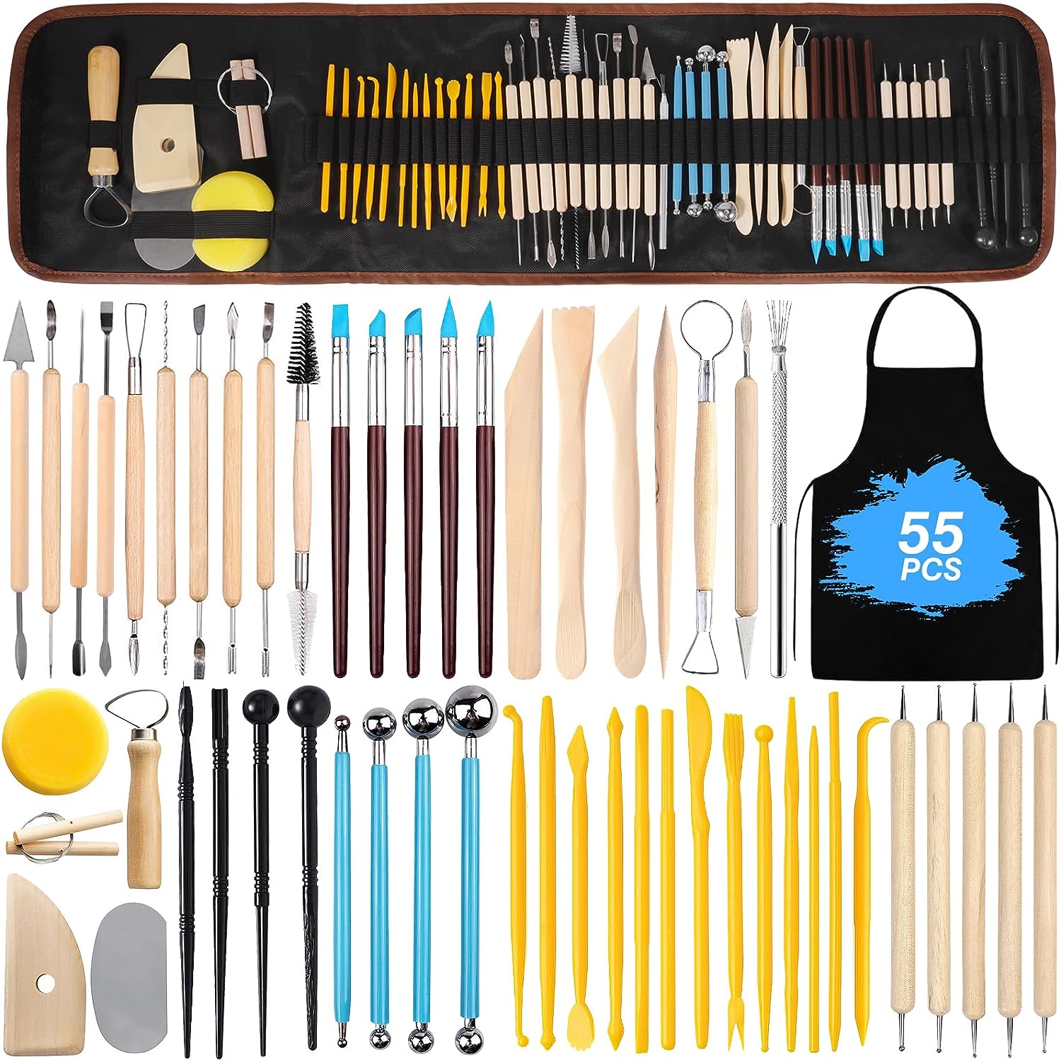 Set 55 unelte de modelaj, cutite sculptura in argila, instrumente artizanat pentru lut, plastilina, ceramica, pentru hobby si profesionisti