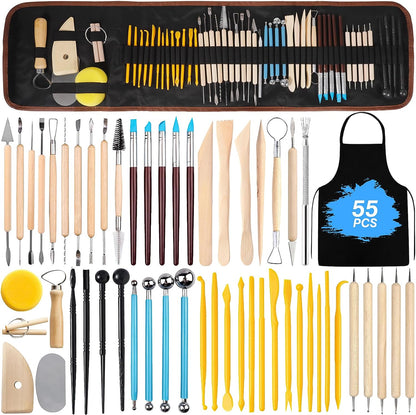 Set 55 unelte de modelaj, cutite sculptura in argila, instrumente artizanat pentru lut, plastilina, ceramica, pentru hobby si profesionisti