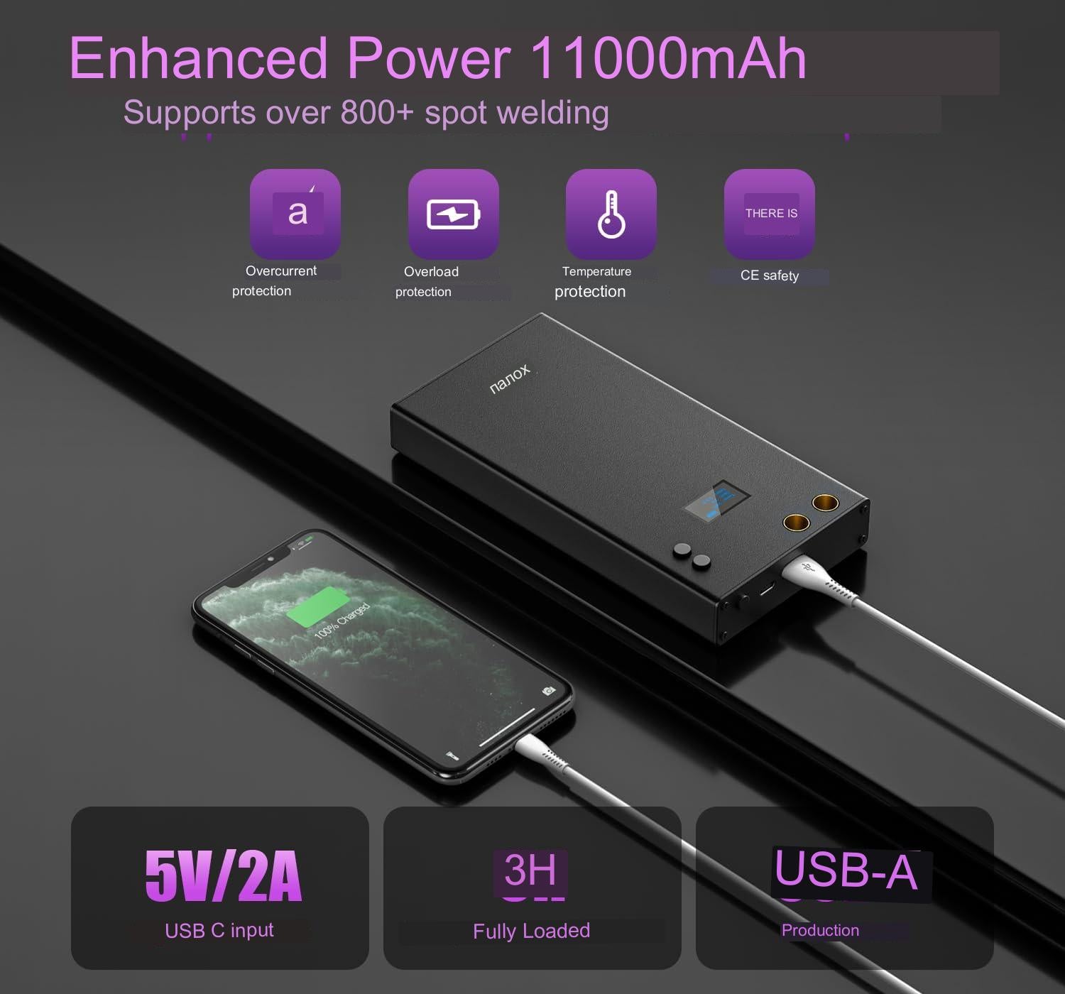 Aparat de sudura in puncte portabil, cu acumulator 11000 mAh, ecran LCD, 70 viteze reglabile, banda de nichel de 10 m, functie powerbank, pentru lipit acumulatori
