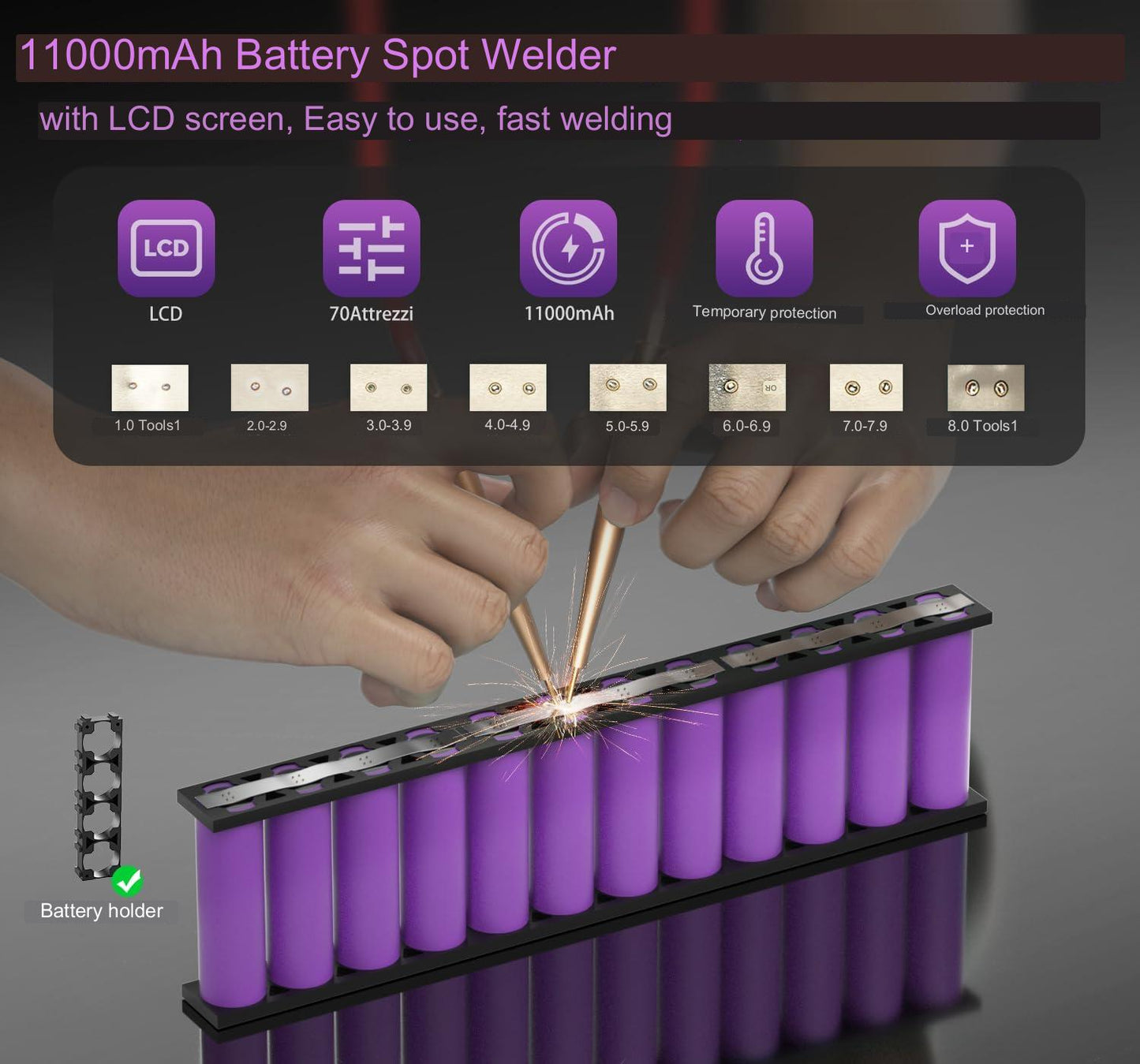Aparat de sudura in puncte portabil, cu acumulator 11000 mAh, ecran LCD, 70 viteze reglabile, banda de nichel de 10 m, functie powerbank, pentru lipit acumulatori