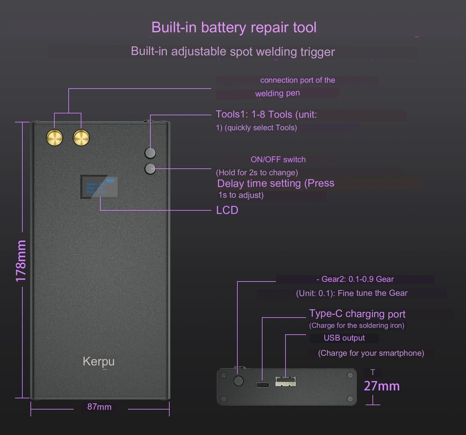 Aparat de sudura in puncte portabil, cu acumulator 11000 mAh, ecran LCD, 70 viteze reglabile, banda de nichel de 10 m, functie powerbank, pentru lipit acumulatori