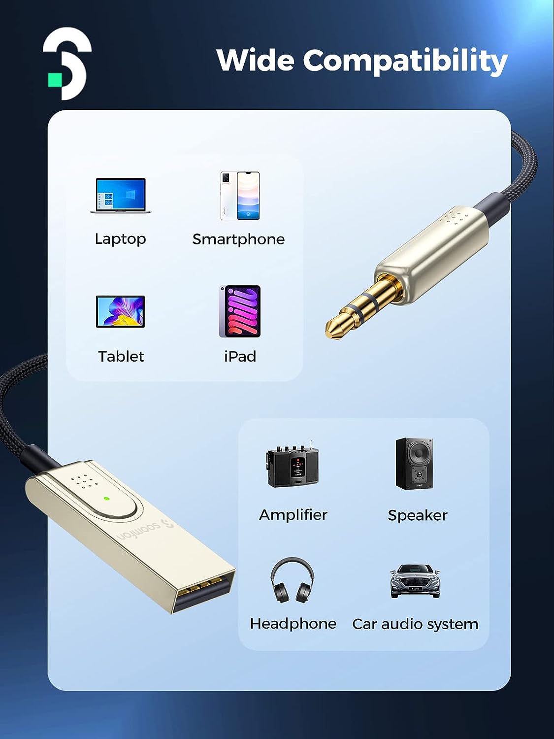 Adaptor Bluetooth 5.1, receiver audio cu alimentare prin USB, cu mufa Jack, microfon incorporat, car kit Soomfon