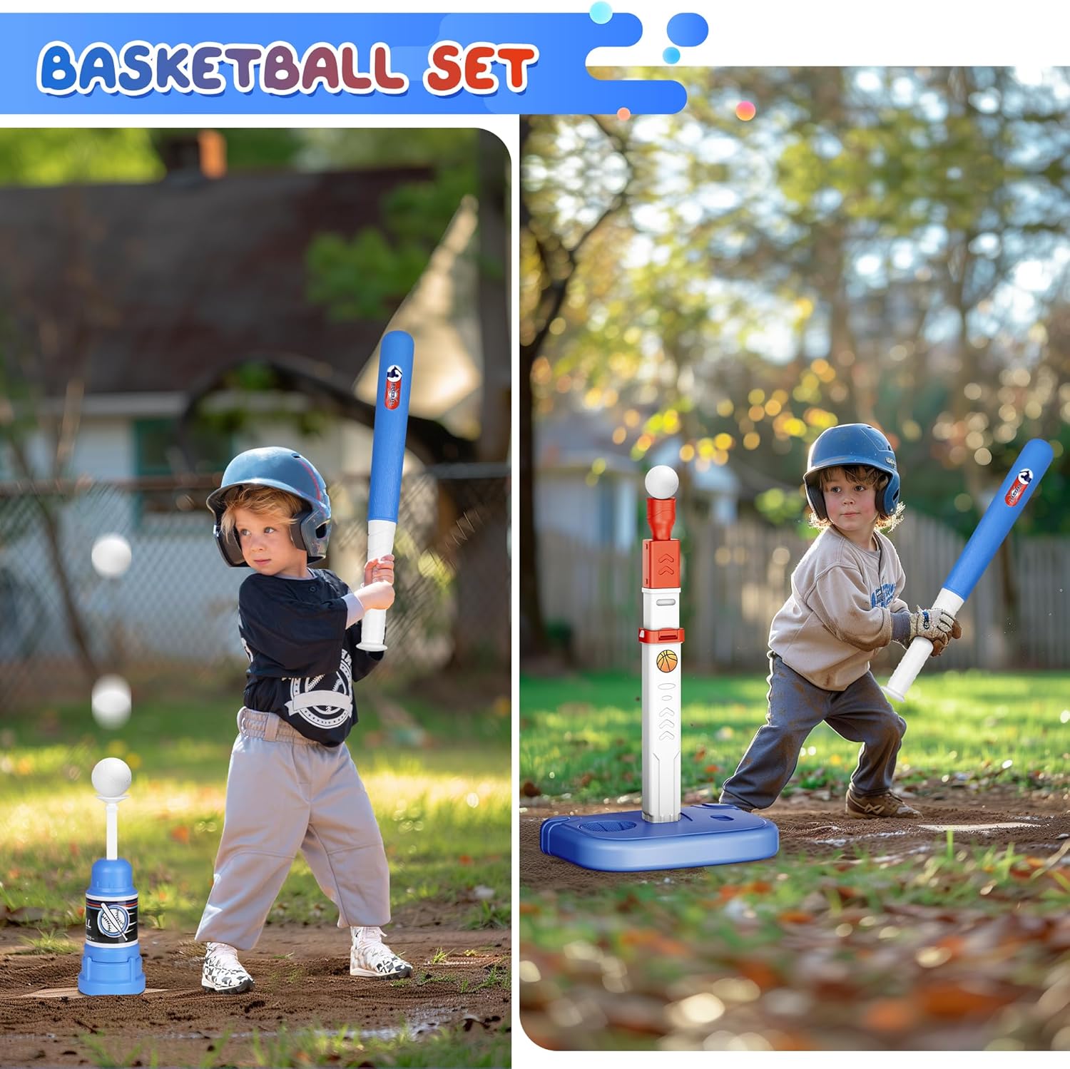 Set cos de baschet si baseball pentru copii 2 in 1 cu bata, baza de lansare, pompa, mingi, suport cu inaltime reglabila, baza stabila, pentru interior si interior, multifunctional