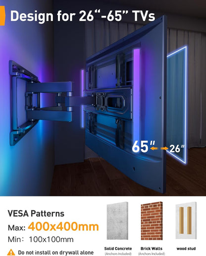 Suport TV de perete, universal, LED cu Sincronizare Muzicala, brat reglabil, diagonala de 26-65 inch, suporta greutate pana la 45 kg, VESA 400 x 400 mm