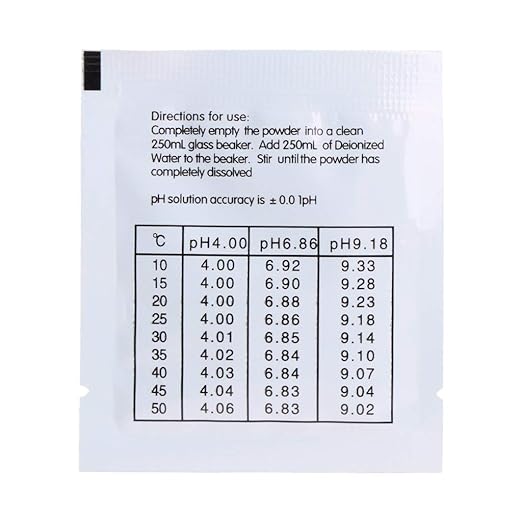 Set solutii calibrare pentru pH-metru, precizie de ±0, 01 unitati de pH la 25°C, stabil, 18 plicuri x pH 4, 01, 6, 86 si 9, 18, pentru testarea apei din piscina, testarea hidroculturii pentru acvarii