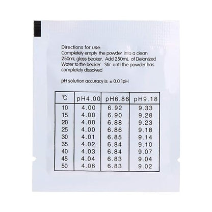 Set solutii calibrare pentru pH-metru, precizie de ±0, 01 unitati de pH la 25°C, stabil, 18 plicuri x pH 4, 01, 6, 86 si 9, 18, pentru testarea apei din piscina, testarea hidroculturii pentru acvarii