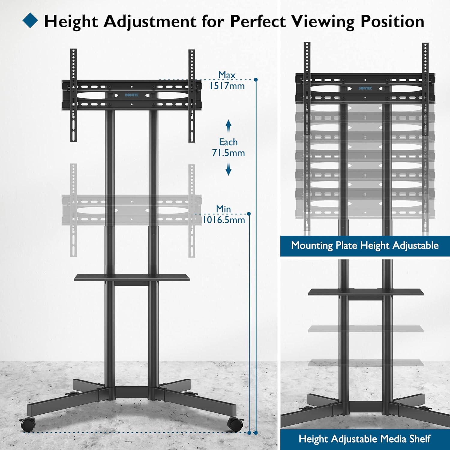 Suport TV stand cu roti, pentru televizoare de 32-85 inch plat si curbat de pana la 60 kg, reglabil in inaltime, VESA maxim 600 x 400 mm, negru