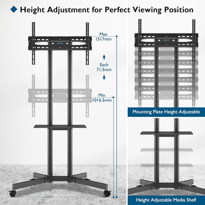 Suport TV stand cu roti, pentru televizoare de 32-85 inch plat si curbat de pana la 60 kg, reglabil in inaltime, VESA maxim 600 x 400 mm, negru