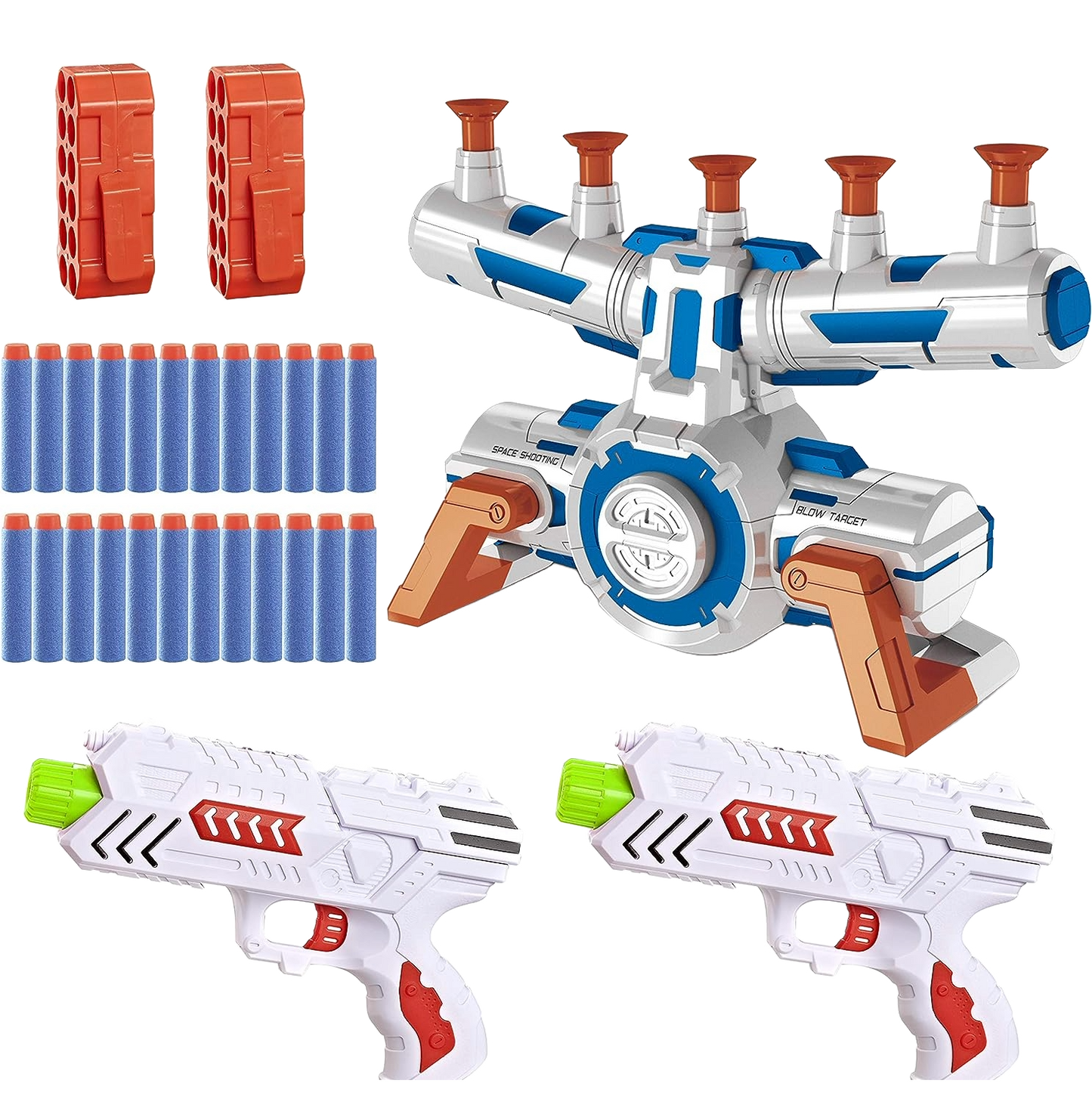 Set blaster cu tinta plutitoare, 2 arme de jucarie, 24 sageti din spuma, 10 bile, 2 rezerve sageti cu clema, compatibil Nerf, Joyin