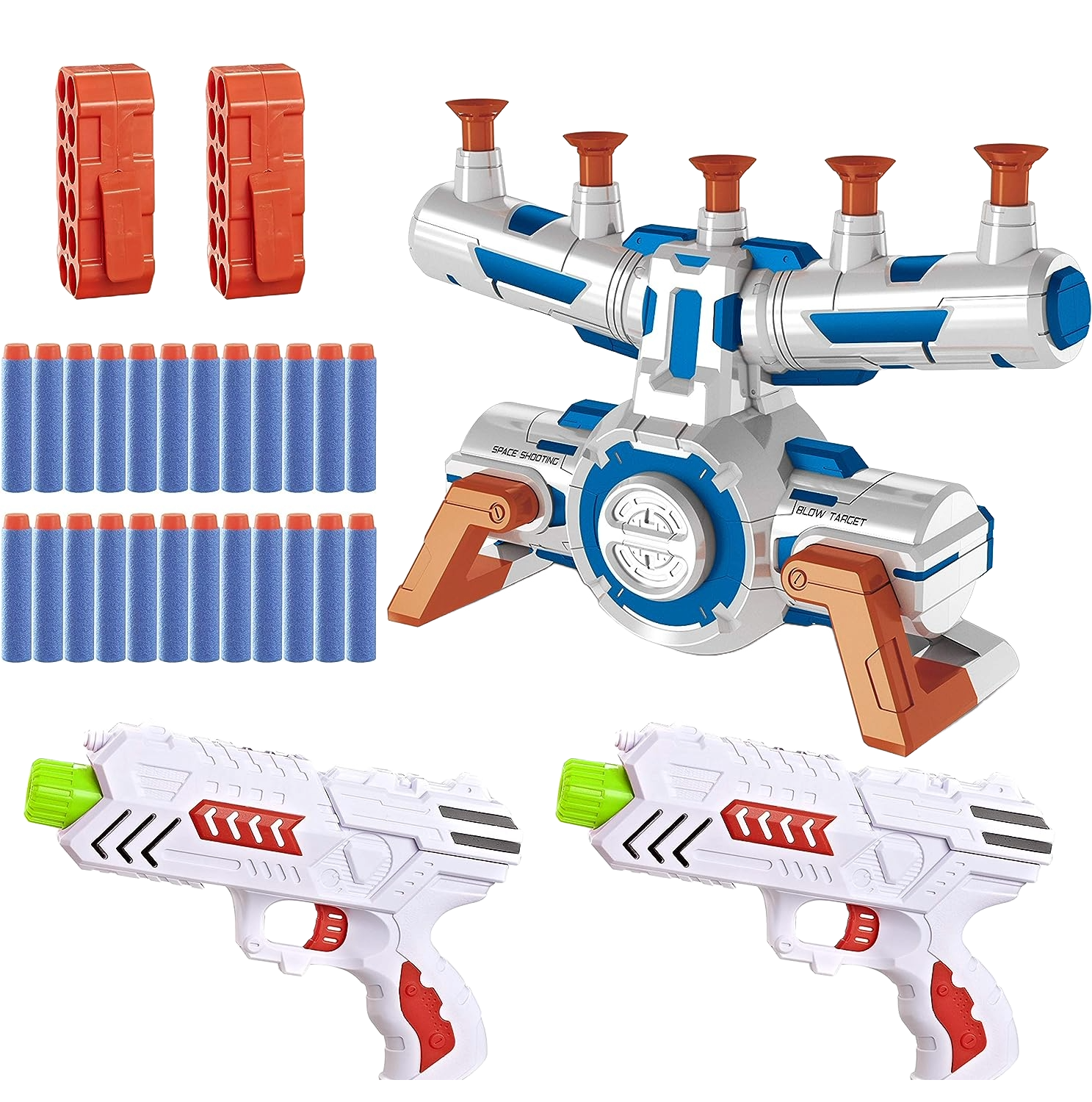 Set blaster cu tinta plutitoare, 2 arme de jucarie, 24 sageti din spuma, 10 bile, 2 rezerve sageti cu clema, compatibil Nerf, Joyin