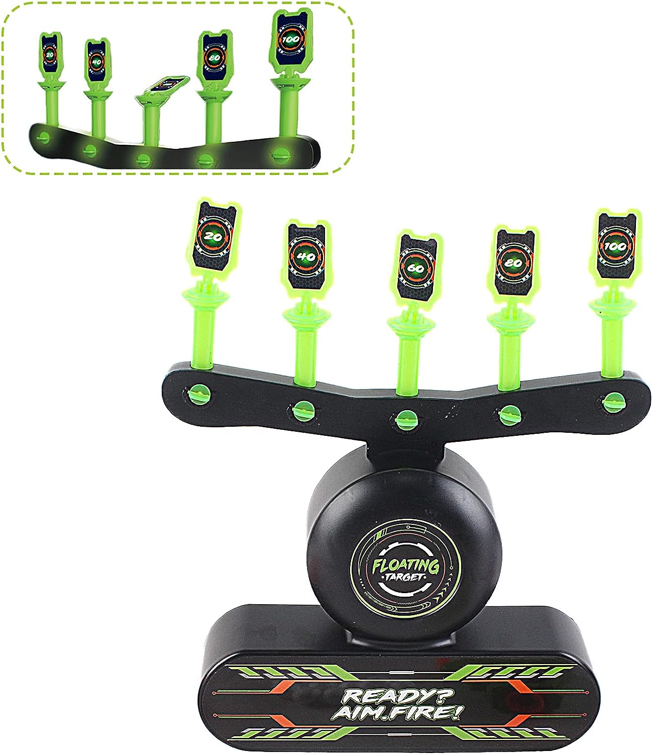 Set Blaster, cu tinta plutitoare si tinta fixa fosforescenta, 2 pistoale de jucarie, 2 bratari, 10 bile si 20 de sageti din spuma, compatibil Nerf, +8 ani