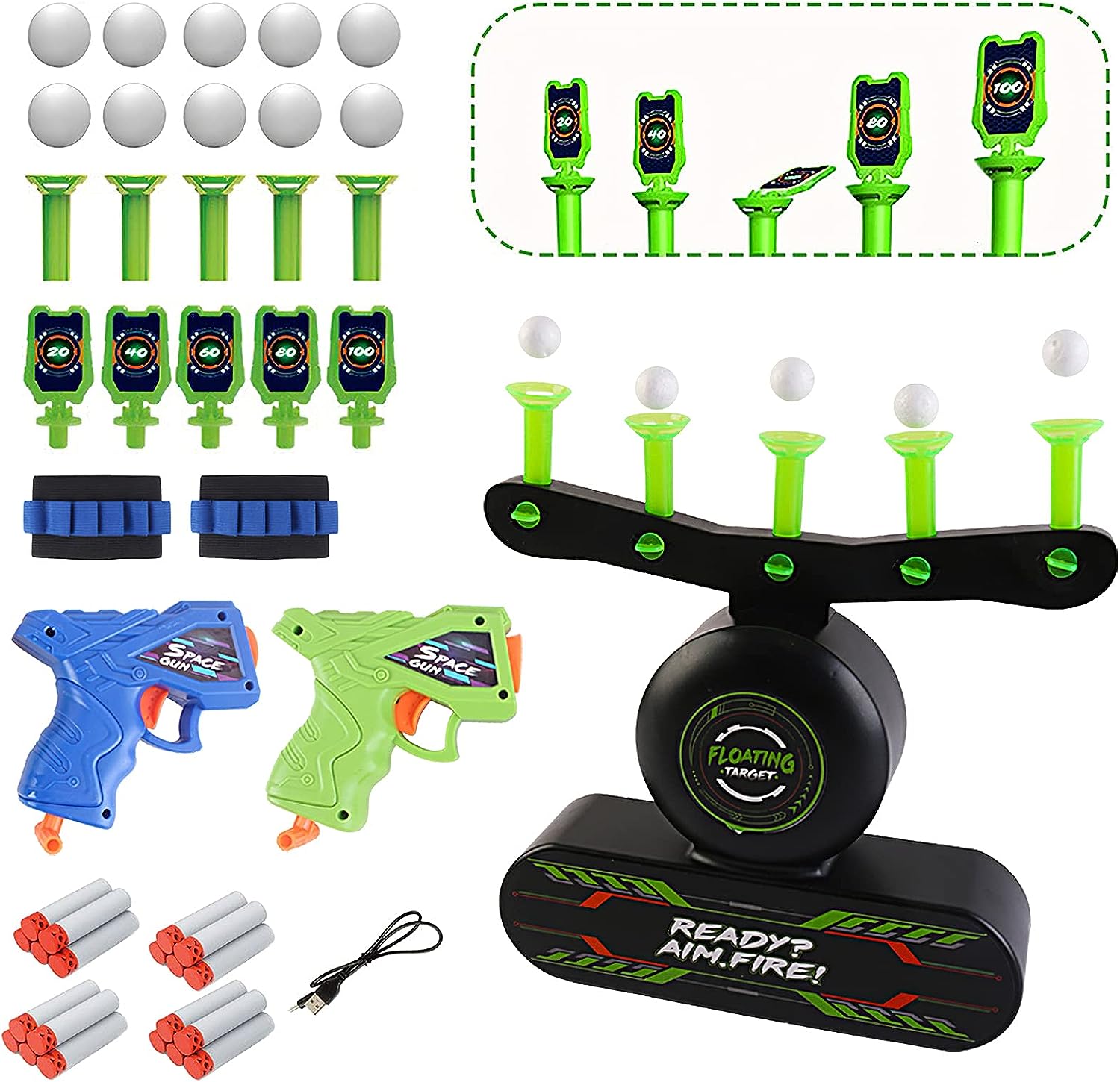 Set Blaster, cu tinta plutitoare si tinta fixa fosforescenta, 2 pistoale de jucarie, 2 bratari, 10 bile si 20 de sageti din spuma, compatibil Nerf, +8 ani