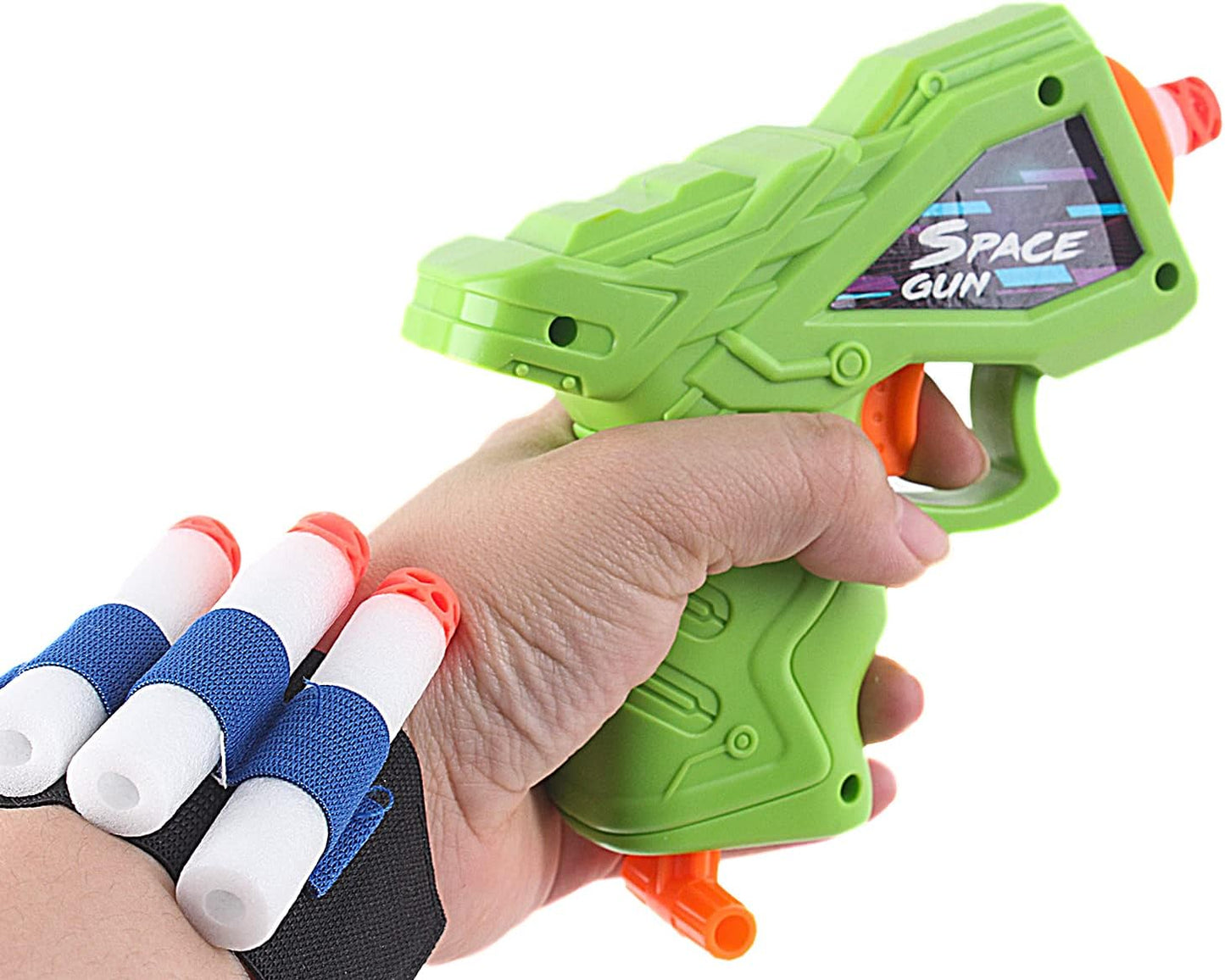 Set Blaster, cu tinta plutitoare si tinta fixa fosforescenta, 2 pistoale de jucarie, 2 bratari, 10 bile si 20 de sageti din spuma, compatibil Nerf, +8 ani