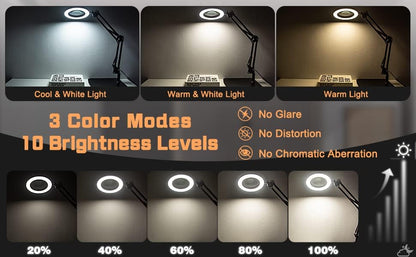 Lampa cosmetica LED cu lupa 10X - 15X si brat cu menghina si baza, cu 3 moduri iluminare, luminozitate reglabila, pentru machiaj, tatuaje, sculptura, manichiura, electronica