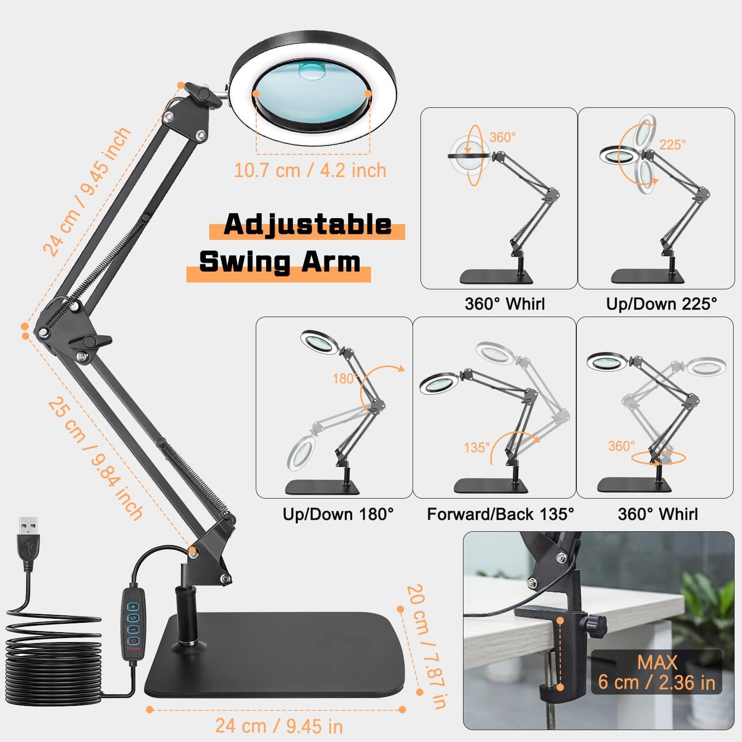Lampa cosmetica LED cu lupa 10X - 15X si brat cu menghina si baza, cu 3 moduri iluminare, luminozitate reglabila, pentru machiaj, tatuaje, sculptura, manichiura, electronica